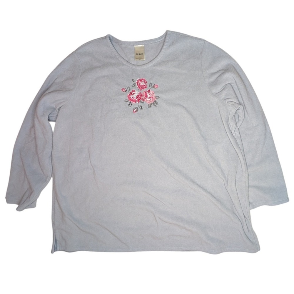 Blair Fleece Pullover Womens XXL Blue Floral Embroidery Crew Neck Soft Casual
